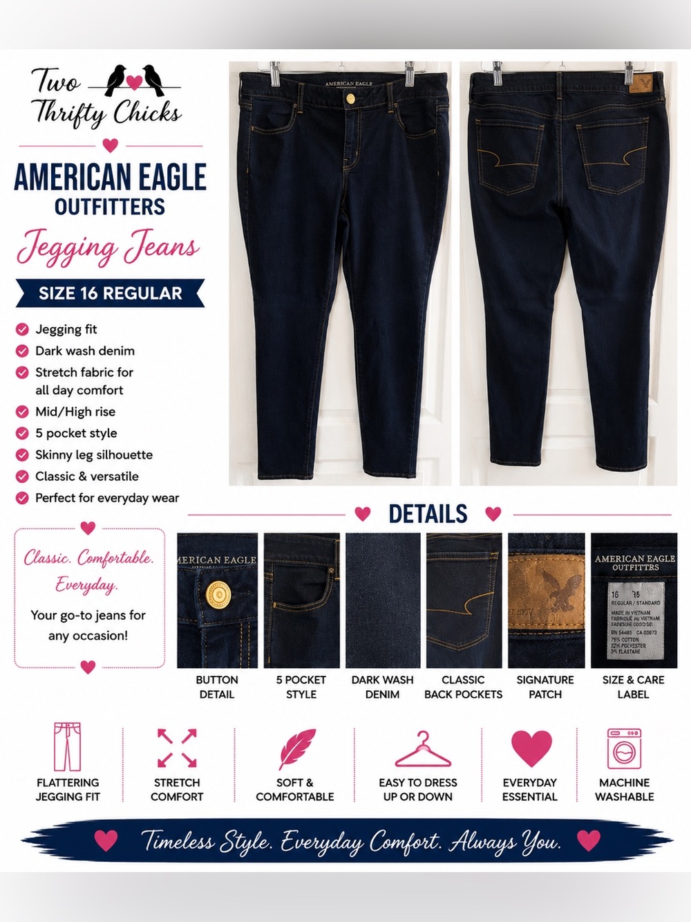 American Eagle Outfitters Dark Wash Jeggings - Deep Indigo Blue - Size 16 - EUC